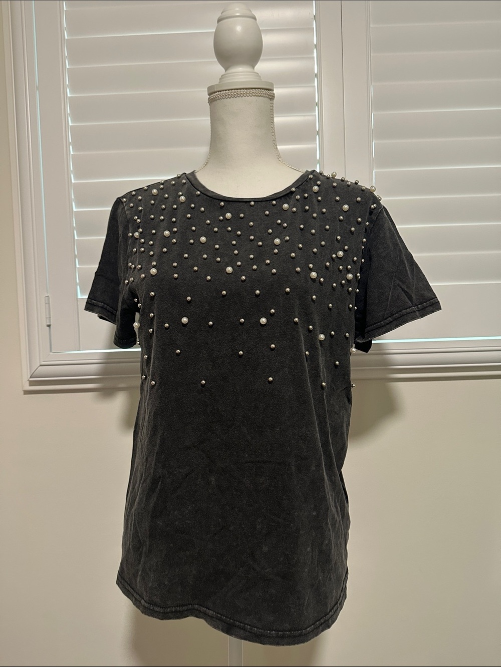 Pearl-Embellished Washed Black Short Sleeve Top | A3